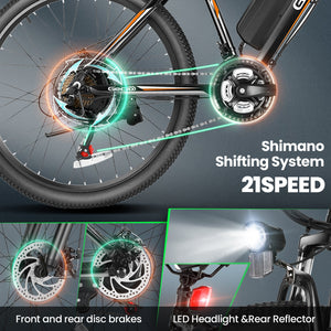 Gocio Electric Bike 500W Adult Electric Mountain Bike 26" Off Road Electric Bicycle 21 Speed Commuter E-Bike Max 19.8mph with 48V 375Wh Battery UL2849 - GOCIO