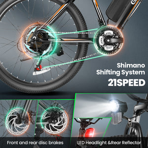 Gocio 500W Electric Bike 26" Electric Bicycle for Adults Max 19.8mph Cruise Control System Ebike, Mountain Bike with Removable 48V 375Wh Lithium-Ion Battery, 21 Speed E Bicycle for Man Woman UL2849 - GOCIO