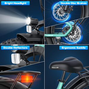 Gocio Electric Bike, 26" x 4.0 Fat Tire Ebike, 750W Motor Electric Mountain Bike for Adults, 22MPH Electric Bicycle for Men with 48V 15Ah Removable Battery UL 2849 Shimano 7 Speed - GOCIO