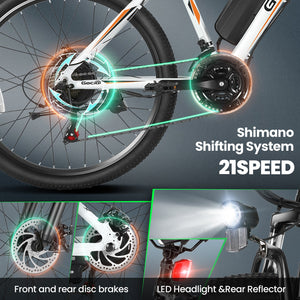 Gocio Electric Bike 500W Adult Electric Mountain Bike 26" Off Road Electric Bicycle 21 Speed Commuter E-Bike Max 19.8mph with 48V 375Wh Battery UL2849 - GOCIO