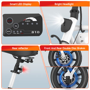 Gocio 14" Foldable Electric Bike, 375Wh 48V Electric Bicycles for Adults Women Teens, Peak 500W City Commuter Cruiser Ebikes, LED Display, E bike One-Piece Tire with 5 Riding Modes UL2849 - GOCIO