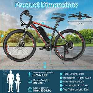 Gocio 26" x 2.1" Electric Bike 500W Electric Bike for Adults, Max 19.8mph Electric Mountain Bicycle, 48V 375Wh Battery Commuter Ebike, Lockable Suspension Fork, Shimano 21 Speed, UL 2849 Certified - GOCIO