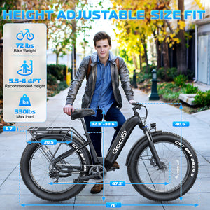 Gocio Electric Bike, 26" x 4.0 Fat Tire Ebike, 750W Motor Electric Mountain Bike for Adults, 22MPH Electric Bicycle for Men with 48V 15Ah Removable Battery UL 2849 Shimano 7 Speed - GOCIO