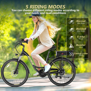 Gocio 26" Peak 700W Low Frame Electric Bike for Adults, Long-Lasting 48V 10.4Ah Battery, LCD Display, 5 Riding Modes, Headlight and Taillight, 7 Speeds Commuter Women Ebike, City Cruiser Ebike, Black - GOCIO