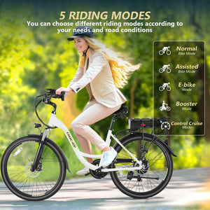 Gocio 26" Peak 700W Low Frame Electric Bike for Adults, Long-Lasting 48V 10.4Ah Battery, LCD Display, 5 Riding Modes, Headlight and Taillight, 7 Speeds Commuter Women Ebike, City Cruiser Ebike, Black - GOCIO