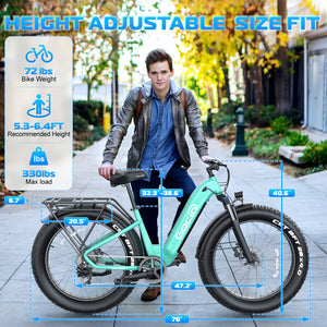 Gocio Electric Bike, 26" x 4.0 Fat Tire Ebike, 750W Motor Electric Mountain Bike for Adults, 22MPH Electric Bicycle for Men with 48V 15Ah Removable Battery UL 2849 Shimano 7 Speed - GOCIO