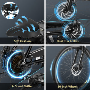 Gocio 26" Peak 700W Low Frame Electric Bike for Adults, Long-Lasting 48V 10.4Ah Battery, LCD Display, 5 Riding Modes, Headlight and Taillight, 7 Speeds Commuter Women Ebike, City Cruiser Ebike, Black - GOCIO