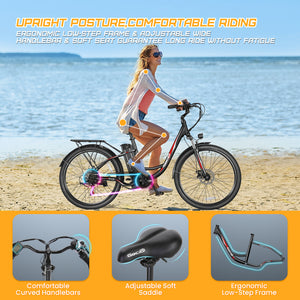 Gocio 26 in. Electric Bicycle 500W Electric Hybrid Bike, 48V Adjustable City Ebike for Adults, Suspension Fork, Max 19.8MPH, 7 Speed Gears Electric Commuter Bike for Men and Women, UL2849 - GOCIO