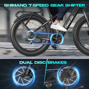 Gocio Peak 1000W Electric Mountain Bike, 26" x 4.0" Fat Tire Electric Bike, 48V 15Ah Battery, 28MPH Adult Electric Bicycle with Taillight, Control Cruise Mode, Ebike for Off Road, Sand, Snow, UL2849 - GOCIO