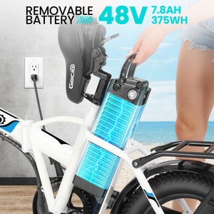 Gocio Peak 700W Electric Bike, 16" x 3.0 One-Piece Fat Tire Foldable Electric Bicycle for Adults Women, 48V 374.4Wh Removable Battery Ebikes, 20MPH Commuter E Bike for Teenager UL 2849 - GOCIO