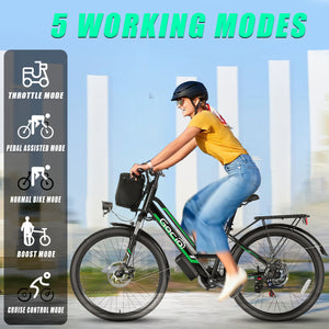 Gocio 500W 26" Electric Bike 48V Electric Bicycle for Adults, 19.8mph Cruiser Ebike, Electric Commuter Bike with Carrier Rack, Low Step Frame Shimano 7 Speed for Men Women Senior UL 2849 - GOCIO