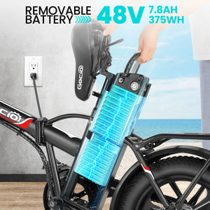 Gocio Peak 700W Electric Bike, 16" x 3.0 One-Piece Fat Tire Foldable Electric Bicycle for Adults Women, 48V 374.4Wh Removable Battery Ebikes, 20MPH Commuter E Bike for Teenager UL 2849 - GOCIO