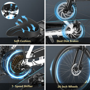 Gocio 26" Peak 700W Low Frame Electric Bike for Adults, Long-Lasting 48V 10.4Ah Battery, LCD Display, 5 Riding Modes, Headlight and Taillight, 7 Speeds Commuter Women Ebike, City Cruiser Ebike, Black - GOCIO