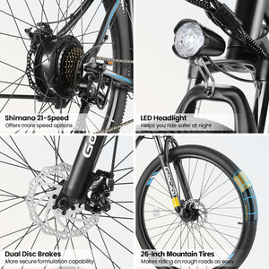 Gocio 26" Electric Bike, 350W Electric Bike for Adults 19.8MPH Electric Mountain Bike, LCD, Lockable Suspension Fork, 374.4Wh 36V Battery UL2849, 21-Speed Mountain E-Bikes Adult Electric Bicycle - GOCIO
