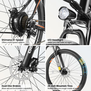 Gocio 26" Electric Bike, 350W Electric Bike for Adults 19.8MPH Electric Mountain Bike, LCD, Lockable Suspension Fork, 374.4Wh 36V Battery UL2849, 21-Speed Mountain E-Bikes Adult Electric Bicycle - GOCIO