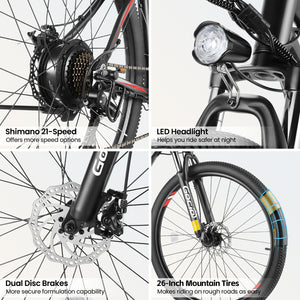 Gocio 26" Electric Bike, 350W Electric Bike for Adults 19.8MPH Electric Mountain Bike, LCD, Lockable Suspension Fork, 374.4Wh 36V Battery UL2849, 21-Speed Mountain E-Bikes Adult Electric Bicycle - GOCIO