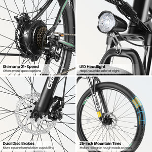 Gocio 26" Electric Bike, 350W Electric Bike for Adults 19.8MPH Electric Mountain Bike, LCD, Lockable Suspension Fork, 374.4Wh 36V Battery UL2849, 21-Speed Mountain E-Bikes Adult Electric Bicycle - GOCIO