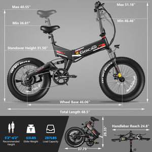 Gocio Foldable Electric Bikes Adult 20"x4" Fat Tire Electric Bike, 48V 10.4Ah, 500W Electric Mountain Bike Full Suspension, LCD, Shimano 7 Speed Electric Cruiser Bicycle UL2849 - GOCIO