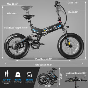 Gocio Foldable Electric Bikes Adult 20"x4" Fat Tire Electric Bike, 48V 10.4Ah, 500W Electric Mountain Bike Full Suspension, LCD, Shimano 7 Speed Electric Cruiser Bicycle UL2849 - GOCIO