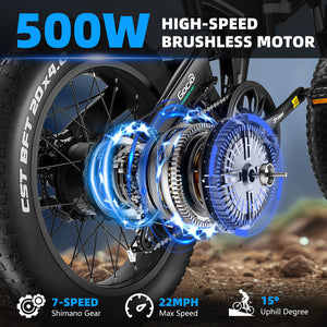 Gocio Foldable Electric Bikes Adult 20"x4" Fat Tire Electric Bike, 48V 10.4Ah, 500W Electric Mountain Bike Full Suspension, LCD, Shimano 7 Speed Electric Cruiser Bicycle UL2849 - GOCIO
