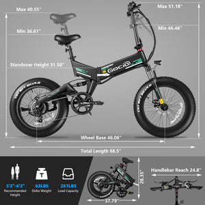 Gocio Foldable Electric Bikes Adult 20"x4" Fat Tire Electric Bike, 48V 10.4Ah, 500W Electric Mountain Bike Full Suspension, LCD, Shimano 7 Speed Electric Cruiser Bicycle UL2849 - GOCIO