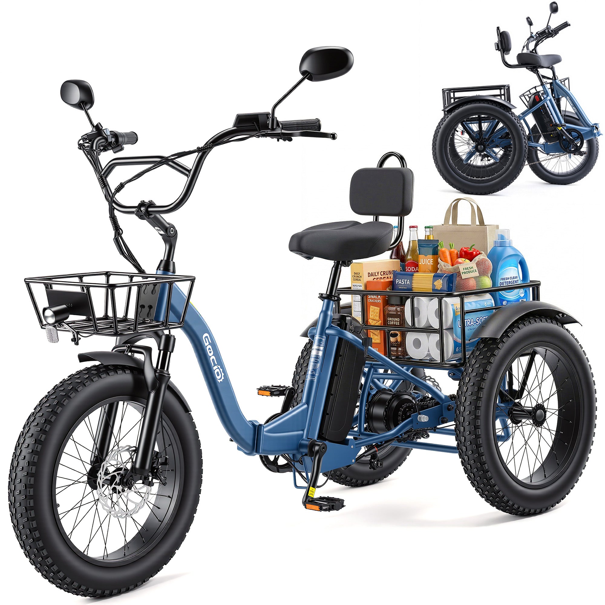 Gocio Peak 1000W Electric Tricycle, 20" x 4.0 Fat Tire Foldable Electric Tricycle, 48V 18AH Large-Capacity Battery E Trikes,7 Speed 3-Wheel Electric Bike for Adults UL2849 Certified - GOCIO