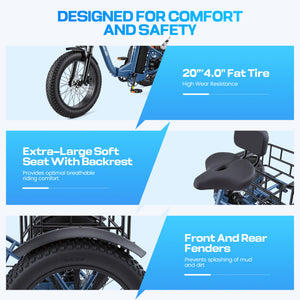 Gocio Peak 1000W Electric Tricycle, 20" x 4.0 Fat Tire Foldable Electric Tricycle, 48V 18AH Large-Capacity Battery E Trikes,7 Speed 3-Wheel Electric Bike for Adults UL2849 Certified - GOCIO