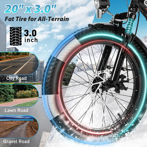 Gocio 500W Electric Bike, 20" * 3.0" Fat Tire Electric Bicycle, City Cruiser Ebike with 48V 10.4Ah Removable Battery UL 2849, Max 19.8mph Electric Folding Bike for Adults Shimano 7 Speed Black - GOCIO