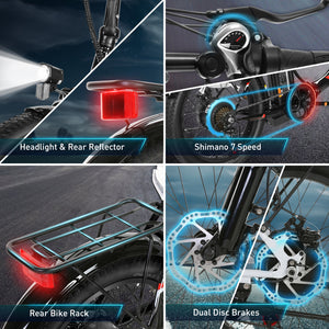 Gocio 500W Electric Bike, 20" * 3.0" Fat Tire Electric Bicycle, City Cruiser Ebike with 48V 10.4Ah Removable Battery UL 2849, Max 19.8mph Electric Folding Bike for Adults Shimano 7 Speed Black - GOCIO