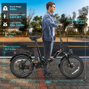 Gocio 500W Electric Bike, 20" * 3.0" Fat Tire Electric Bicycle, City Cruiser Ebike with 48V 10.4Ah Removable Battery UL 2849, Max 19.8mph Electric Folding Bike for Adults Shimano 7 Speed Black - GOCIO