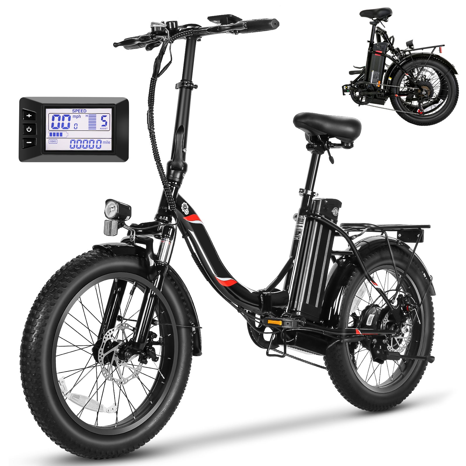 Gocio 500W Electric Bike, 20" * 3.0" Fat Tire Electric Bicycle, City Cruiser Ebike with 48V 10.4Ah Removable Battery UL 2849, Max 19.8mph Electric Folding Bike for Adults Shimano 7 Speed Black - GOCIO