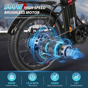 Gocio 500W Electric Bike, 20" * 3.0" Fat Tire Electric Bicycle, City Cruiser Ebike with 48V 10.4Ah Removable Battery UL 2849, Max 19.8mph Electric Folding Bike for Adults Shimano 7 Speed Black - GOCIO