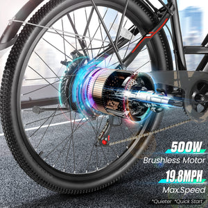 Gocio 500W 26" Electric Bike 48V Electric Bicycle for Adults, 19.8mph Cruiser Ebike, Electric Commuter Bike with Carrier Rack, Low Step Frame Shimano 7 Speed for Men Women Senior UL 2849 - GOCIO