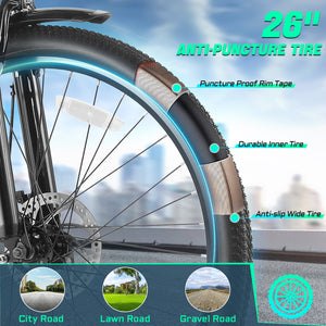 Gocio 500W 26" Electric Bike 48V Electric Bicycle for Adults, 19.8mph Cruiser Ebike, Electric Commuter Bike with Carrier Rack, Low Step Frame Shimano 7 Speed for Men Women Senior UL 2849 - GOCIO