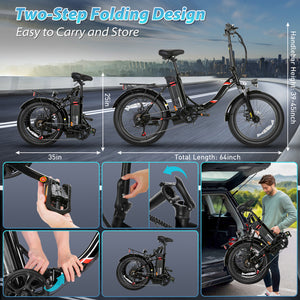 Gocio 500W Electric Bike, 20" * 3.0" Fat Tire Electric Bicycle, City Cruiser Ebike with 48V 10.4Ah Removable Battery UL 2849, Max 19.8mph Electric Folding Bike for Adults Shimano 7 Speed Black - GOCIO