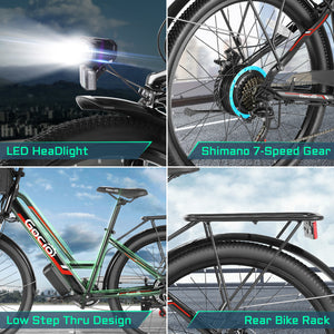 Gocio 500W 26" Electric Bike 48V Electric Bicycle for Adults, 19.8mph Cruiser Ebike, Electric Commuter Bike with Carrier Rack, Low Step Frame Shimano 7 Speed for Men Women Senior UL 2849 - GOCIO