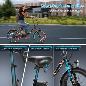 Gocio 500W Electric Bike, 20" * 3.0" Fat Tire Electric Bicycle, City Cruiser Ebike with 48V 10.4Ah Removable Battery UL 2849, Max 19.8mph Electric Folding Bike for Adults Shimano 7 Speed Black - GOCIO