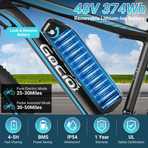 Gocio 26" x 2.1" Electric Bike 500W Electric Bike for Adults, Max 19.8mph Electric Mountain Bicycle, 48V 375Wh Battery Commuter Ebike, Lockable Suspension Fork, Shimano 21 Speed, UL 2849 Certified - GOCIO
