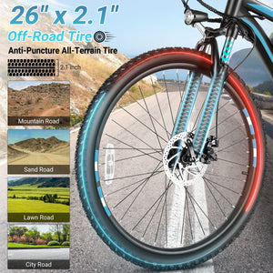 Gocio 26" x 2.1" Electric Bike 500W Electric Bike for Adults, Max 19.8mph Electric Mountain Bicycle, 48V 375Wh Battery Commuter Ebike, Lockable Suspension Fork, Shimano 21 Speed, UL 2849 Certified - GOCIO