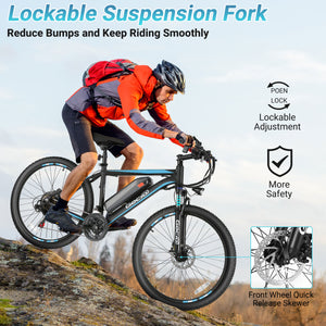 Gocio 26" x 2.1" Electric Bike 500W Electric Bike for Adults, Max 19.8mph Electric Mountain Bicycle, 48V 375Wh Battery Commuter Ebike, Lockable Suspension Fork, Shimano 21 Speed, UL 2849 Certified - GOCIO