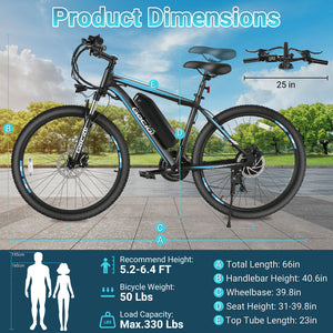 Gocio 26" x 2.1" Electric Bike 500W Electric Bike for Adults, Max 19.8mph Electric Mountain Bicycle, 48V 375Wh Battery Commuter Ebike, Lockable Suspension Fork, Shimano 21 Speed, UL 2849 Certified - GOCIO