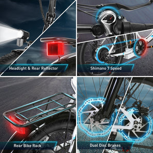 Gocio 500W Electric Bike, 20" * 3.0" Fat Tire Electric Bicycle, City Cruiser Ebike with 48V 10.4Ah Removable Battery UL 2849, Max 19.8mph Electric Folding Bike for Adults Shimano 7 Speed Black - GOCIO