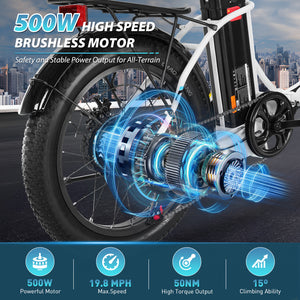 Gocio 500W Electric Bike, 20" * 3.0" Fat Tire Electric Bicycle, City Cruiser Ebike with 48V 10.4Ah Removable Battery UL 2849, Max 19.8mph Electric Folding Bike for Adults Shimano 7 Speed Black - GOCIO