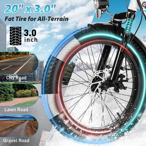 Gocio 500W Electric Bike, 20" * 3.0" Fat Tire Electric Bicycle, City Cruiser Ebike with 48V 10.4Ah Removable Battery UL 2849, Max 19.8mph Electric Folding Bike for Adults Shimano 7 Speed Black - GOCIO