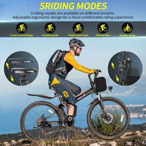 Gocio Electric Bike 500W Folding Electric Mountain Bike 26" Full Suspension Adult Electric Bike 21 Speed Max 19.8Mph with 48V 374.4Wh Battery UL2849 - GOCIO