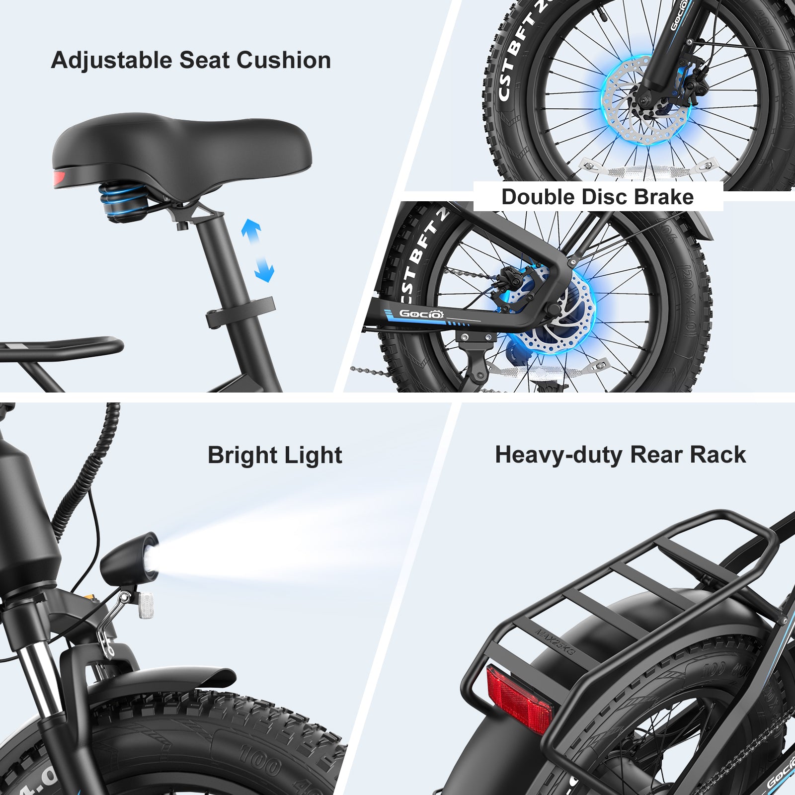 Gocio Electric Bike for Adults, Peak 1025W Mountain E Bike, 48V 13AH Removable Lithium-Ion Battery Ebikes, 20"x4.0" Fat Tire Electric Bicycles, 3A Fast Charge, up to 60 Miles Man Woman UL2849