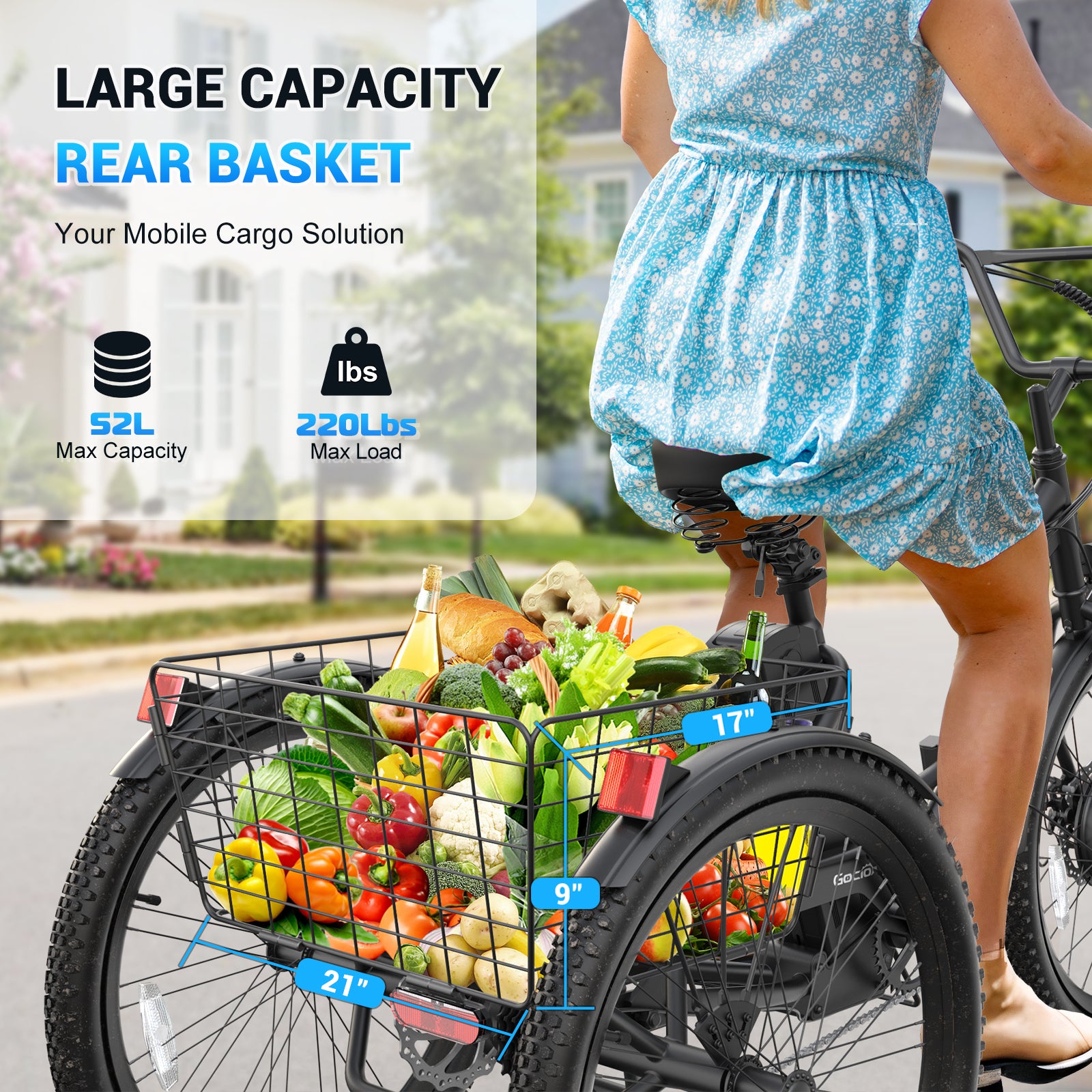 Gocio Electric Tricycle for Adults, Peak 500W Motor Electric Trike 48V 10.4AH UL2849 Battery, Cargo Motorized Tricycle, Shimano 7 Gears 3-Wheel Electric Bike for Adults & Seniors - GOCIO