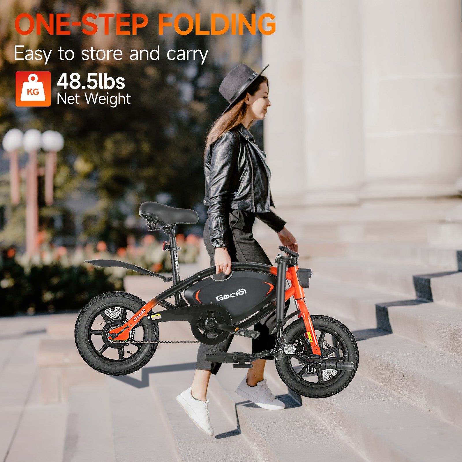 Gocio 14" Foldable Electric Bike, 375Wh 48V Electric Bicycles for Adults Women Teens, Peak 500W City Commuter Cruiser Ebikes, LED Display, E bike One-Piece Tire with 5 Riding Modes UL2849