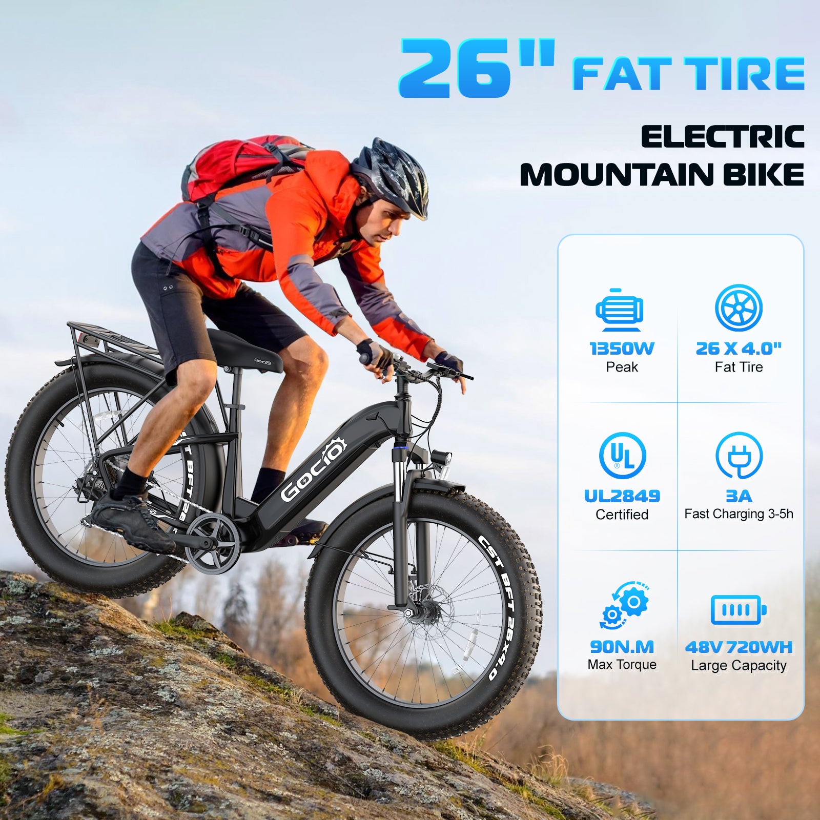 Gocio Electric Bike, 26" x 4.0 Fat Tire Ebike, 750W Motor Electric Mountain Bike for Adults, 22MPH Electric Bicycle for Men with 48V 15Ah Removable Battery UL 2849 Shimano 7 Speed - GOCIO