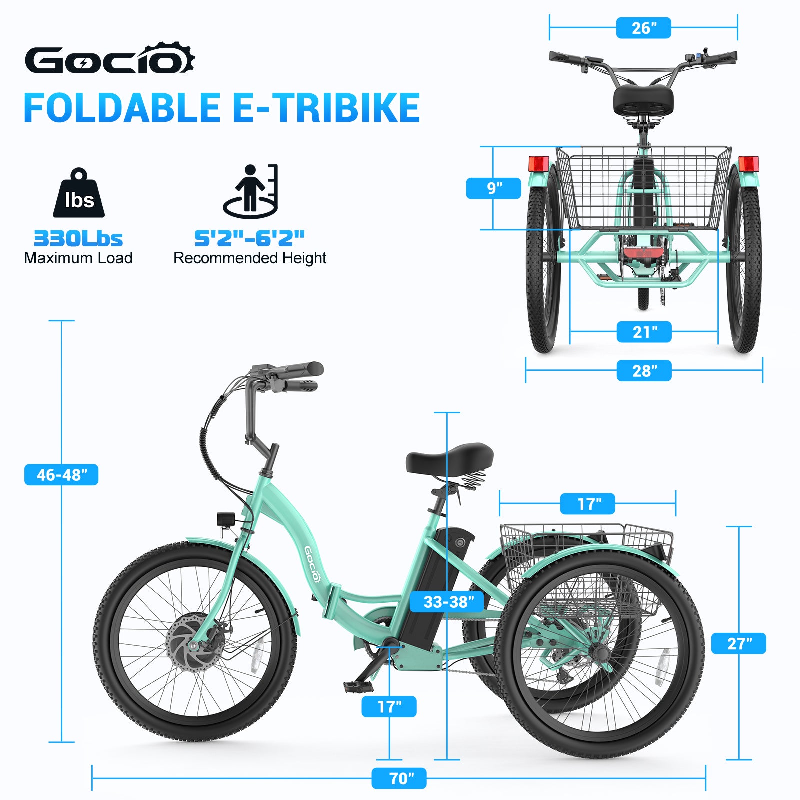 Gocio Electric Tricycle for Adults, Peak 500W Motor Electric Trike 48V 10.4AH UL2849 Battery, Cargo Motorized Tricycle, Shimano 7 Gears 3-Wheel Electric Bike for Adults & Seniors - GOCIO
